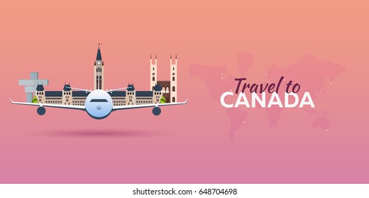 Travel to Canada. Airplane with Attractions. Travel vector banners. Flat style