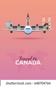 Travel to Canada. Airplane with Attractions. Travel vector banners. Flat style