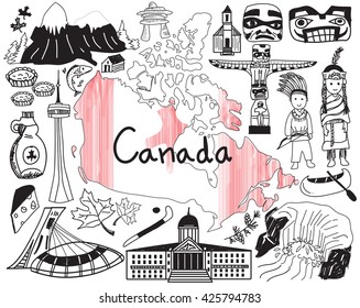 Travel to Canada doodle drawing icon with culture, costume, landmark and cuisine tourism concept in isolated background, create by vector  