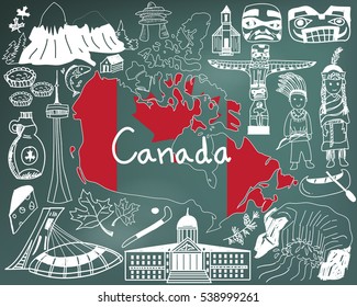 Travel to Canada doodle drawing icon with culture, costume, landmark and cuisine tourism concept in blackboard background, create by vector  
