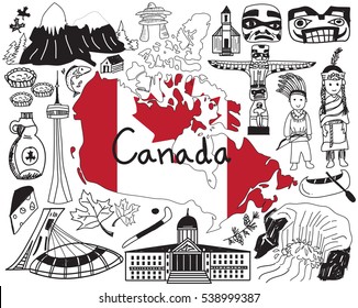 Travel to Canada doodle drawing icon with culture, costume, landmark and cuisine tourism concept in isolated background, create by vector  
