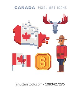 Travel to Canada, pixel art 80s style icons set Part4, Canadian national flag and map, policeman ranger character, elk, gold coin with dollar sign. Isolated vector illustration. 8-bit. Design sticker.