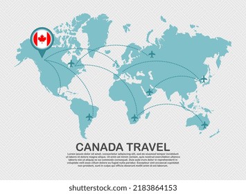 Travel to Canada poster with world map and flying plane route business background tourism destination concept