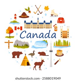 Travel to Canada round banner design. Canada text and culture stickers, elements of landscape and city buildings, animals and Canadian destination, Indian symbols in circle cartoon vector illustration