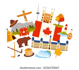 Viaje a Canadá, Lugares famosos nacionales y paisajísticos, cultura y Elementos deportivos. Bandera canadiense y edificio del Parlamento, jarabe de arce y Ilustración vectorial de dibujos animados de panqueques