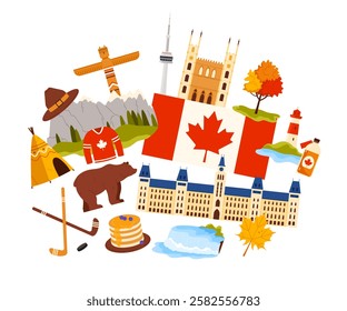 Travel to Canada set, national landmarks and landscape destinations, culture and sport elements composition. Canadian flag and Parliament building, maple syrup and pancakes cartoon vector illustration