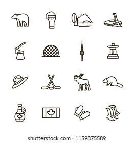 Travel Canada Signs Black Thin Line Icon Set Include of Hockey, Moose, Maple Syrup and Bear. Vector illustration of Icons
