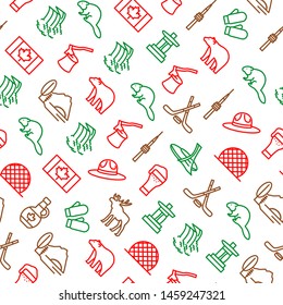 Travel Canada Signs Thin Line Seamless Pattern Background on a White Include of Hockey, Moose, Maple Syrup and Bear. Vector illustration of Icons