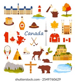 Conjunto de pegatinas de viaje a Canadá. Lugares famosos de la ciudad canadiense para el turismo, el hockey y el deporte del patín de hielo, los árboles y los animales del bosque, el cazador de sueños y el tipi de la Ilustración vectorial de dibujos animados de la cultura india