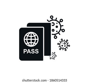 Travel cancellation, passport vector with coronavirus icons.
