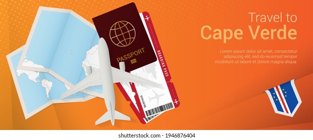 Travel to Cape Verde pop-under banner. Trip banner with passport, tickets, airplane, boarding pass, map and flag of Cape Verde. Vector template.