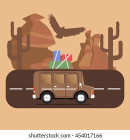Travel car campsite place landscape. Mountains, desert, cactus, eagle and road. Vector illustration in flat style.
