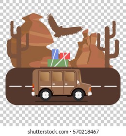 Travel car campsite place landscape. Mountains, desert, cactus, eagle and road. Vector illustration in flat style.