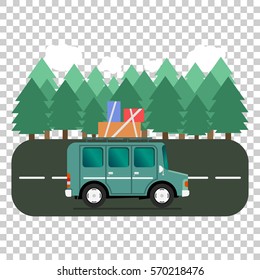 Travel car campsite place landscape. Forest, trees, fir tree and road. Vector illustration in flat style.