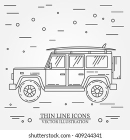 Travel car family camper with surf board thin line. Traveler truck car outline icon. Travel car grey and white vector pictogram isolated on white. Summer  family travel concept. Vector illustration.