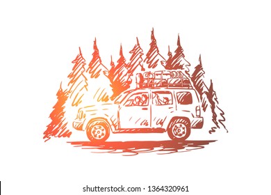 Travel, car, forest, trip, adventure concept. Hand drawn people traveling by car in mountains concept sketch. Isolated vector illustration.