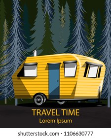 Travel car in the forrest Vector. Camping trailer into the woods at night dark