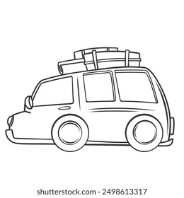 Travel car with luggage on roof line icon. Hand drawn retro caravan with suitcases on top, summer minibus on road. Camping adventure, auto tourism, mascot, outline car trip icon vector illustration