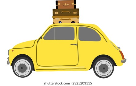 Travel car with suitcases in the roof rack. Illustration of a yellow car, to travel