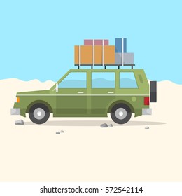 Travel Car SUV - road trip. Car summer trip background. Vector illustration