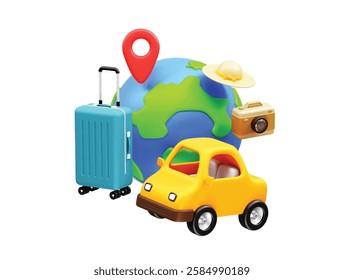 Travel car and travel to the world icon 3d illustration