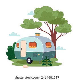 Travel caravan camper.Camping car.Adventure RV trailer.Isolated on white background. Vector flat illustration.