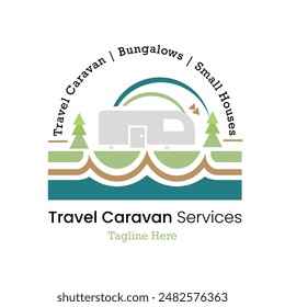 Travel with Caravan, small portable house concept around nature logo vector illustration with dummy text on white background. Badge logo.