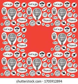 Travel card with border fashion style. Vector frame with traveling icons. Black Hand drawn illustration on red background. Female design