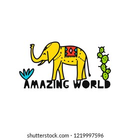 Travel card concept with elephant and text. Doodle style. Vector illustration