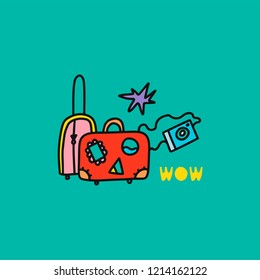 Travel card concept with luggage, camera and text. Doodle style. Vector illustration