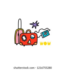 Travel card concept with luggage, camera and text. Doodle style. Vector illustration