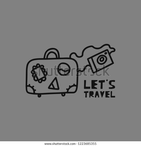 Travel card concept with luggage, camera and\
text. Doodle style. Vector\
illustration