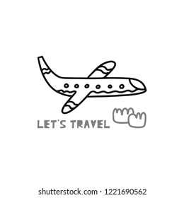 Travel card concept with plane and text 'let's travel' Doodle style. Vector illustration