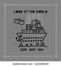 Travel card concept with ship and text. Doodle style. Vector illustration