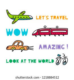 Travel card concept with transport and text. Doodle style. Vector illustration