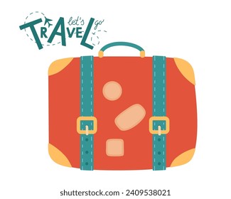 Travel card. let's go travel text and Red suitcase for travel and business trips tourism, voyage or vacation isolated on white background. Flat vector illustration of traveler's luggage in old style. 