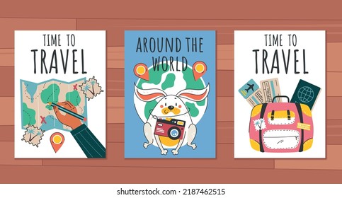 Travel card poster trip typography brochure tourism set collection concept. Vector graphic design element illustration