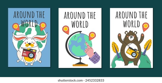 Travel card poster trip typography brochure tourism set collection concept. Vector graphic design element illustration	