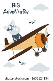 travel card with rhinoceros on a plane - vector illustration, eps