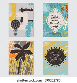 Travel card set. Design elements isolated on grunge backgrounds. Hot air balloon, palm tree, aircraft, frames. Calligraphic text