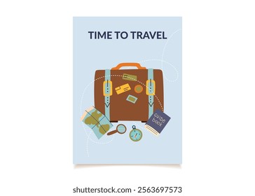 Travel card with suitcase, map, guide book, compass and magnifier. Concept of travel, summer, vacation, business trip. Vector hand drawn poster in flat style.