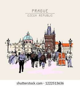 travel card with a view of the Charles Bridge tower in Prague sketch drawing, Czech Republic, vector illustration