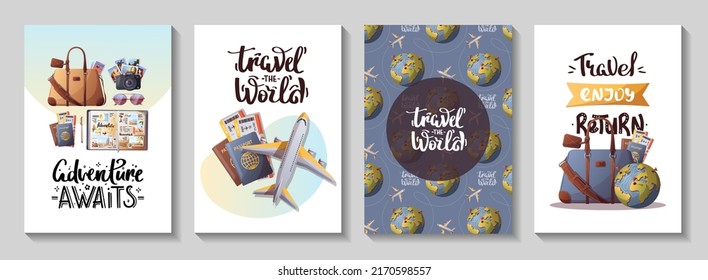 Travel cards with airplane, globe, travel bag, passport and boarding passes. Handwritten phrases. Tourism, adventure, journey concept. Vector illustration.