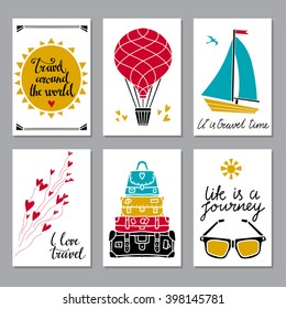 Travel cards design set isolated. Sun, hot air balloon, sailing ship, hearts, baggage, suitcases, sunglasses. Hand drawn Ã?Â�alligraphic text