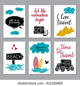 Travel cards, icons set. Airship, camera,  Egyptian pyramids, signpost, roadsign, sea, surfboard, car, bird, clouds isolated. Calligraphic text. Hand drawn