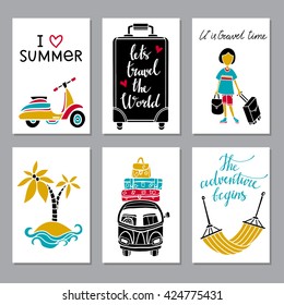 Travel cards, icons set. Scooter, suitcase, woman, island with coconut palm trees, sea, beach, car, baggage, hammock isolated. Calligraphic text. Hand drawn