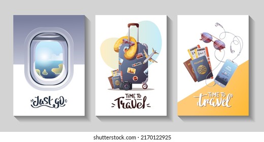 Travel cards with plane window, suitcase, camera, passports and boarding passes, sunglasses. Tourism, airport, journey concept. Vector illustration.