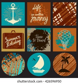 Travel cards set isolated. Anchor, hot air balloon, suitcase, coconut palm tree island, sailing vessel. Grunge, distressed background. Calligraphic text, handwritten. Hand drawn