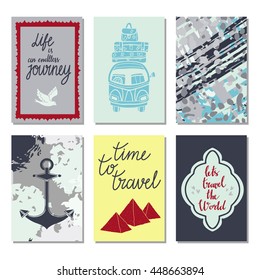Travel cards set isolated. Birds, anchor, car, Egyptian pyramids. Grunge, distressed background. Calligraphic text, life is an endless journey, time to travel, lets travel the world. Hand written