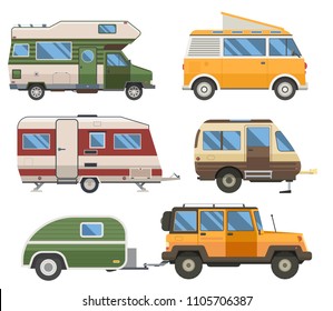 Travel cars collection. Rv campers, camping trailers and caravans set. Road traveler trucks and motorhomes in flat design.